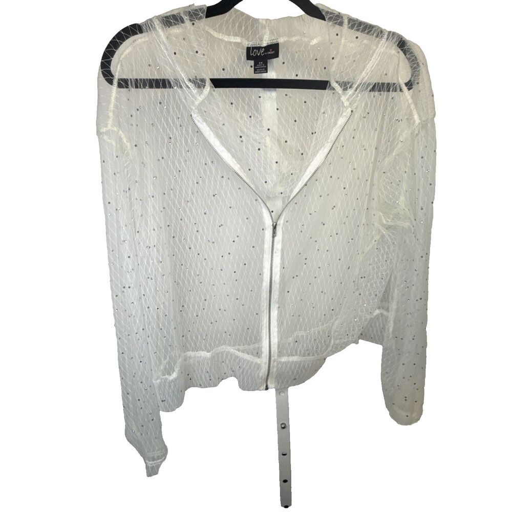 Full Zip Sheer Mesh Hoodie Sz 1X Cropped White Rhinestones Layers Fairy Coquette